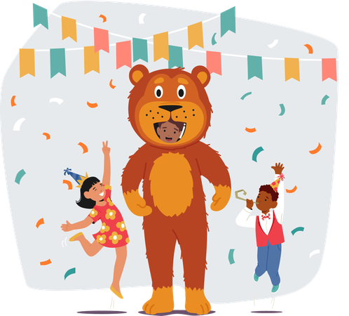 Niños bailando alegremente con un animador vestido de oso en una fiesta navideña  Ilustración