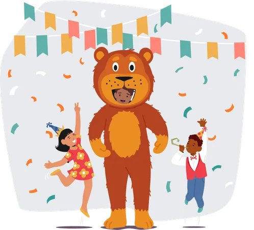 Niños bailando alegremente con un animador vestido de oso en una fiesta navideña  Ilustración