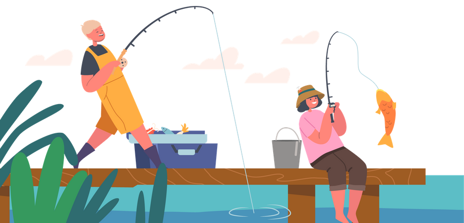 Niños pescando con caña de pescar  Ilustración