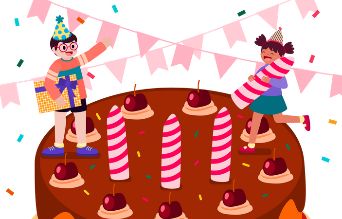 Niños celebrando con pastel de cumpleaños  Ilustración