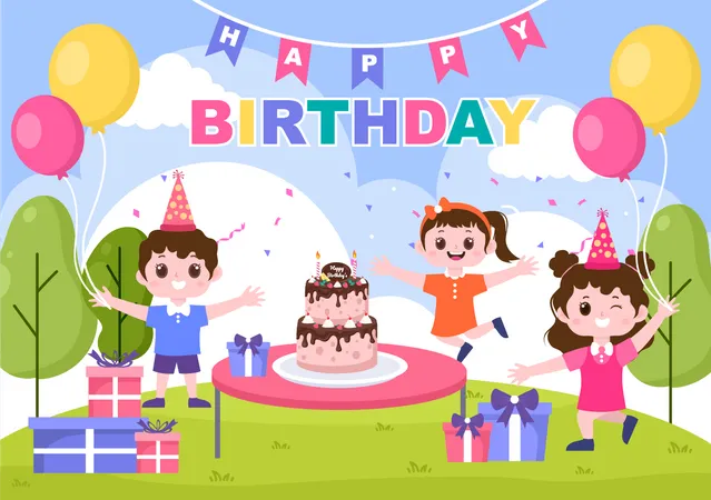 Niños celebrando cumpleaños  Ilustración