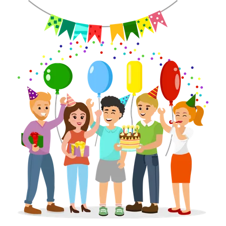 Niños celebrando el cumpleaños de un amigo.  Ilustración