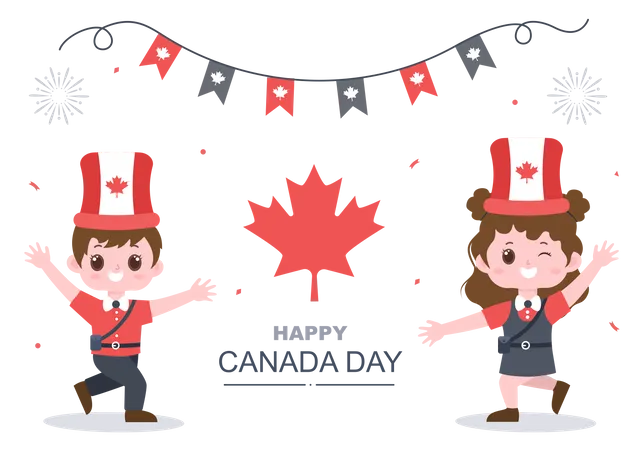 Niños celebrando el Día de Canadá  Ilustración