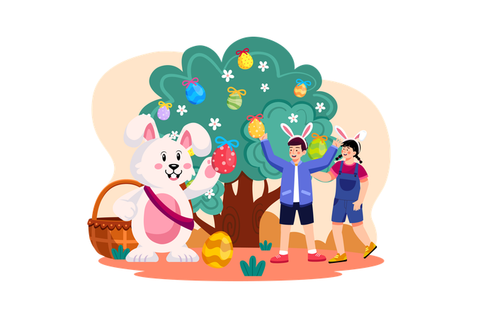 Niños celebrando la Pascua con conejo de Pascua  Ilustración