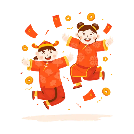 Niños chinos recibiendo angpao  Ilustración