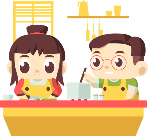 Niños cocinando comida en la cocina.  Ilustración