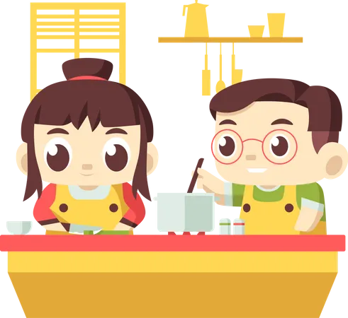 Niños cocinando comida en la cocina.  Ilustración