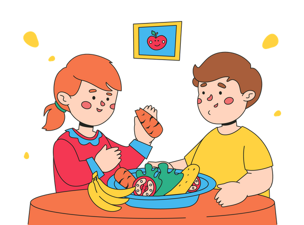 Niños comiendo comida sana  Ilustración