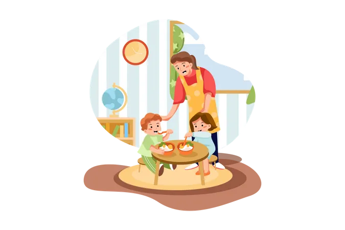 Niños comiendo comida en preescolar  Ilustración