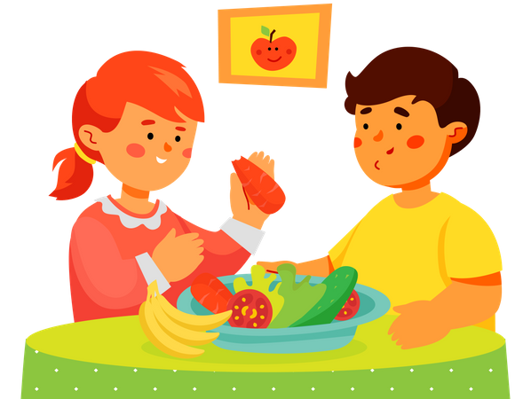 Niños comiendo frutas y verduras.  Ilustración