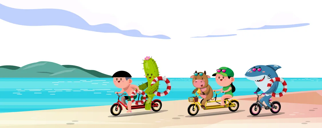 Cactus Vacas Tiburones Y Amigos Humanos Andan En Bicicleta Para Hacer Turismo Y Nadar En Temporada Alta Diseno De Ilustracion Vectorial Plana Ilustración