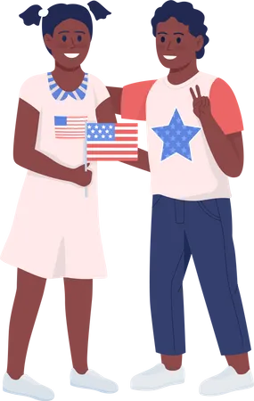 Niños con bandera nacional americana  Ilustración