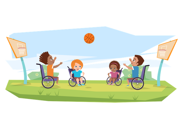 Niños con discapacidad jugando baloncesto.  Ilustración