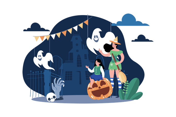 Niños con espeluznantes disfraces de Halloween  Ilustración