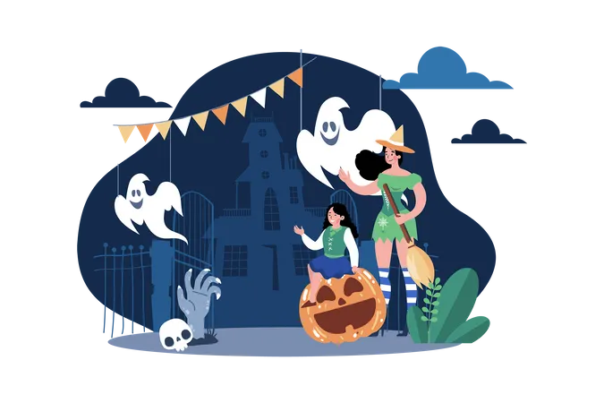 Niños con espeluznantes disfraces de Halloween  Ilustración