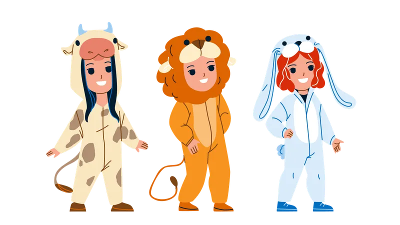 Niños vistiendo divertidos pijamas de animales juntos  Ilustración
