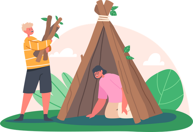 Niños construyendo cabaña con ramas de árboles  Ilustración