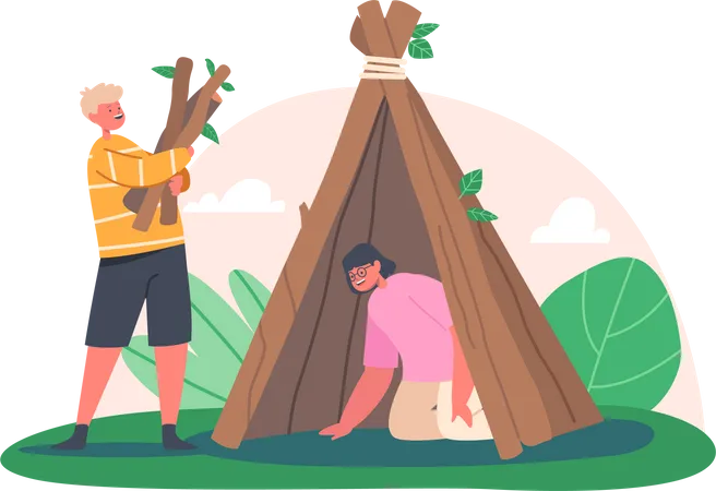 Niños construyendo cabaña con ramas de árboles  Ilustración