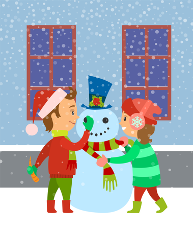 Niños construyendo muñeco de nieve  Ilustración