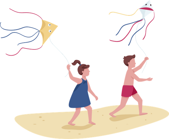 Niños corriendo con cometas voladoras.  Ilustración