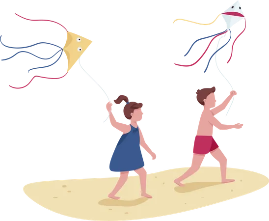 Niños corriendo con cometas voladoras.  Ilustración