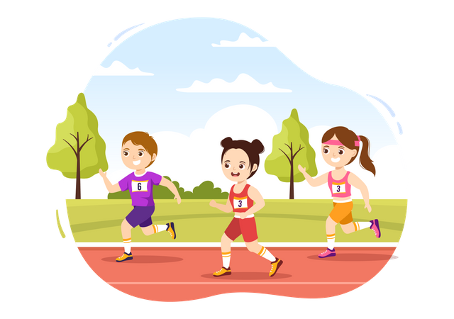 Niños corriendo en carrera de maratón  Ilustración