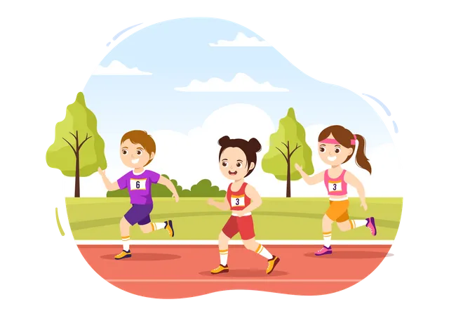 Niños corriendo en carrera de maratón  Ilustración