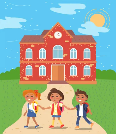 Niños de escuela parados frente al edificio de la escuela de ladrillo rojo  Ilustración