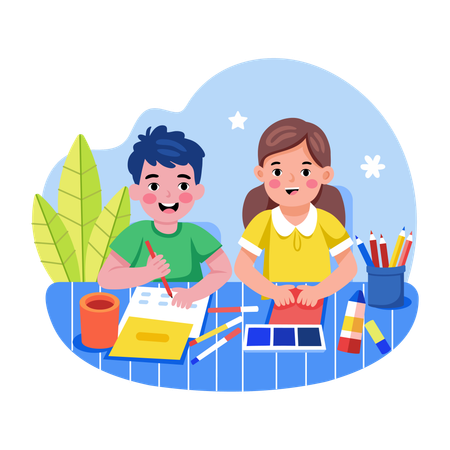 Niños haciendo dibujos en la escuela  Ilustración