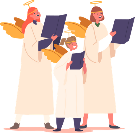 Niños disfrazados de ángeles cantan en un coro  Ilustración