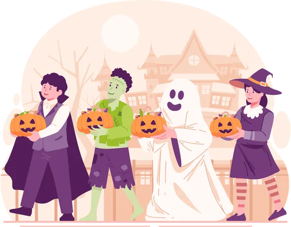 Niños disfrazados de Halloween caminando de noche para conseguir dulces mediante el truco o trato  Ilustración