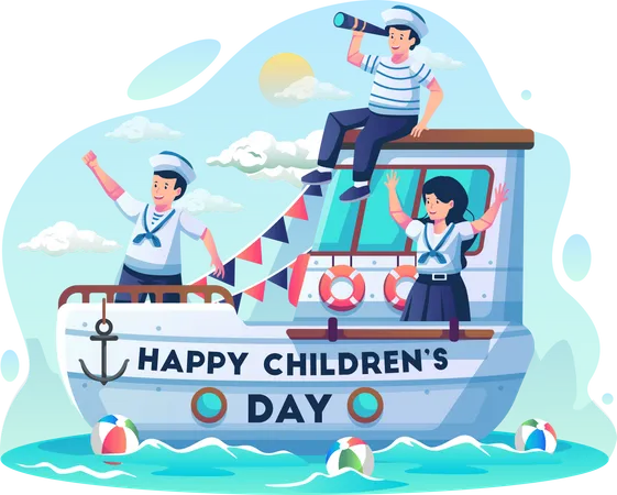 Niños disfrazados de marineros navegando por el mar en un velero.  Ilustración