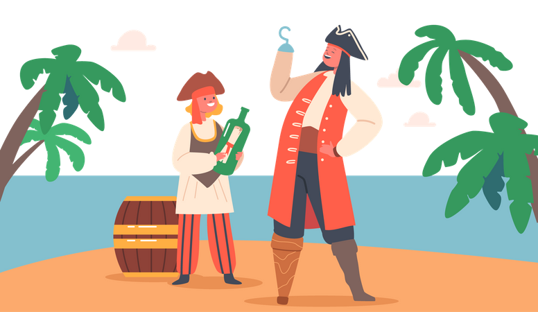 Niños disfrazados de Piratas con Tesoro  Ilustración