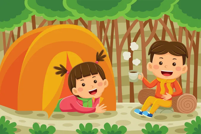 Niños disfrutando de acampar  Ilustración