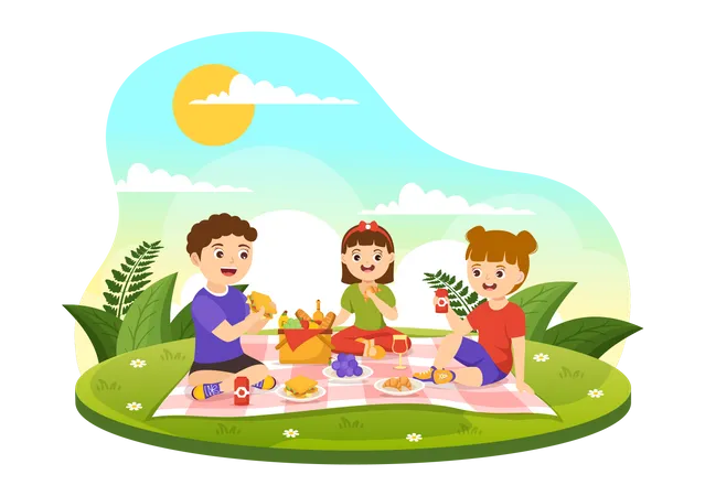 Niños disfrutando de la comida al aire libre  Ilustración