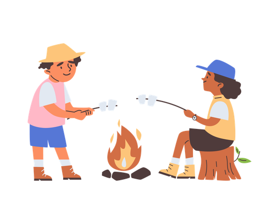 Niños disfrutando de malvaviscos junto a una fogata  Ilustración