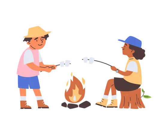 Niños disfrutando de malvaviscos junto a una fogata  Ilustración