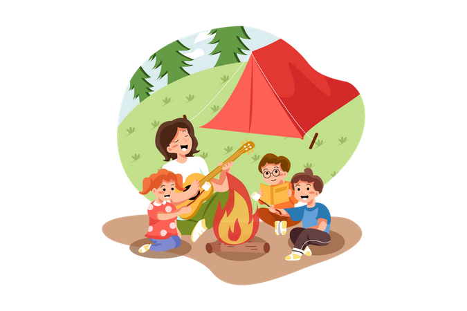 Niños disfrutando de un picnic  Ilustración
