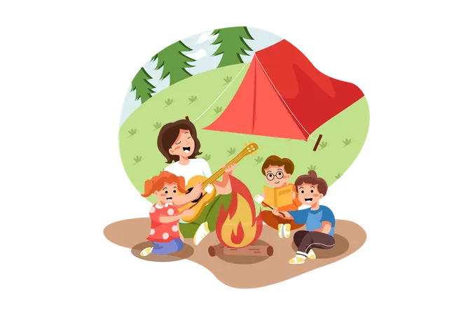 Niños disfrutando de un picnic  Ilustración