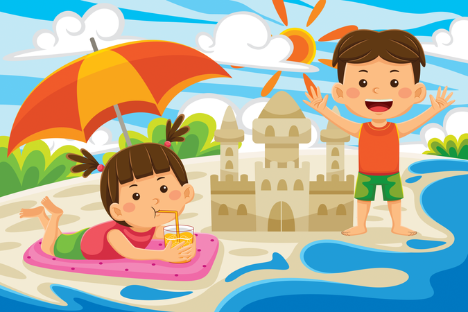 Niños disfrutando de las vacaciones de verano en la playa  Ilustración