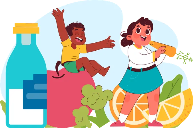 Niños disfrutando de jugo de naranja en verano  Ilustración