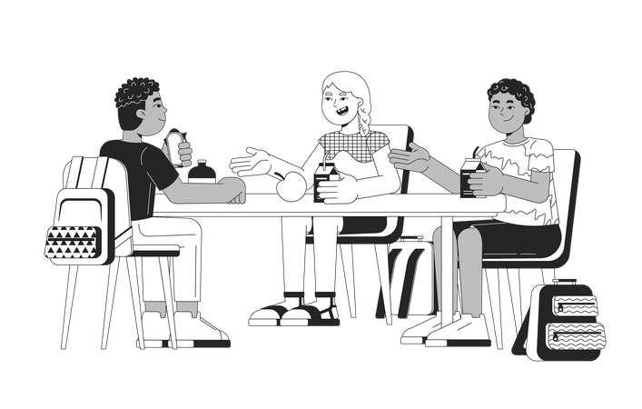 Niños diversos comiendo el almuerzo juntos  Ilustración