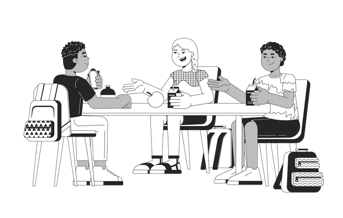 Niños diversos comiendo el almuerzo juntos  Ilustración