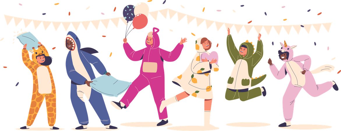 Niños divirtiéndose en la fiesta de pijamas  Ilustración