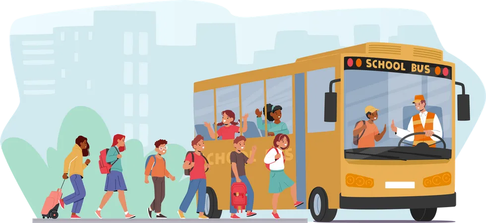 Niños emocionados suben con impaciencia al autobús escolar  Ilustración