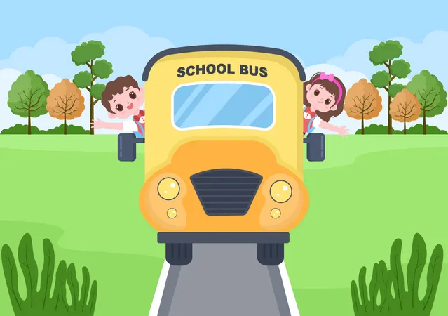 Niños en el autobús escolar  Ilustración