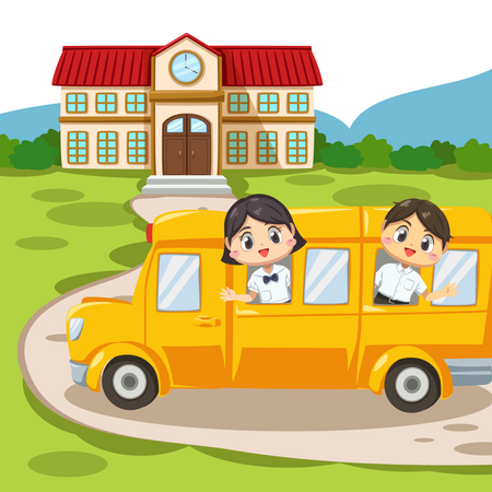 Niños en autobús escolar  Ilustración
