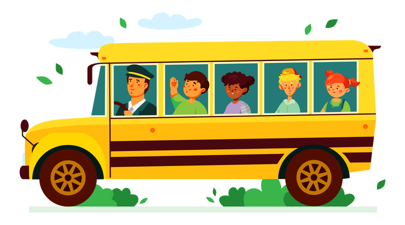 Niños en el autobús escolar  Ilustración