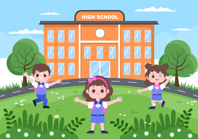 Niños en el edificio de la escuela  Ilustración