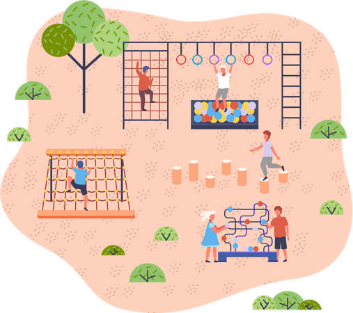 Niños en el patio de juegos del jardín de infantes moderno  Ilustración